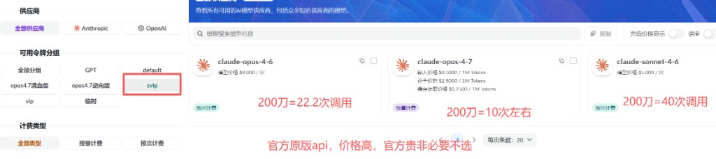 控制台示意：可用令牌分组含 svip，模型卡片展示名称、模型价格与按次计费标签