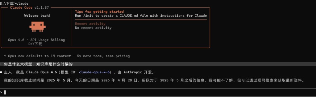 claude 进入后可正常对话示意